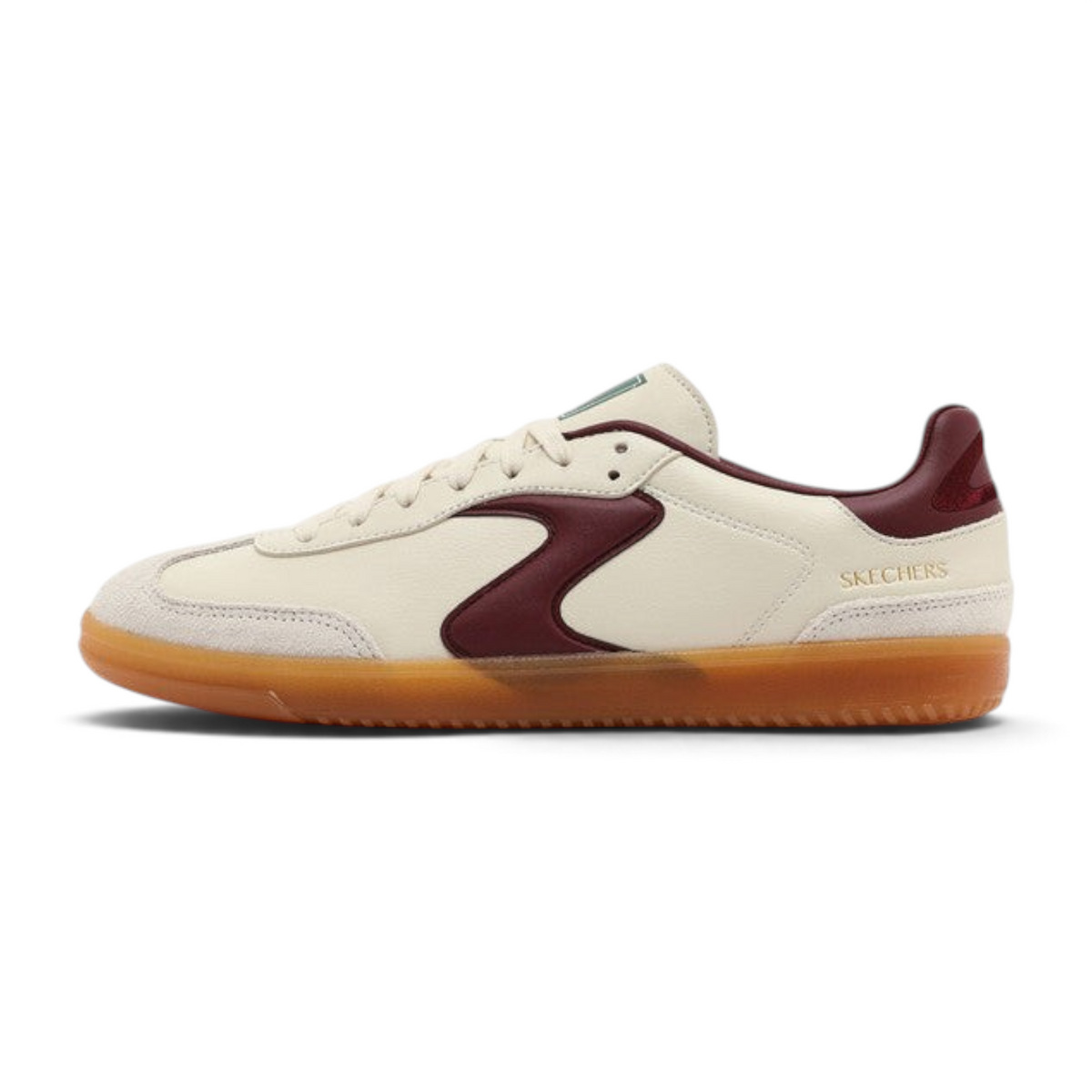 FRG Skechers Hotshot lace-up court sneakers in natural cream leather with burgundy accents and a gum rubber sole.
