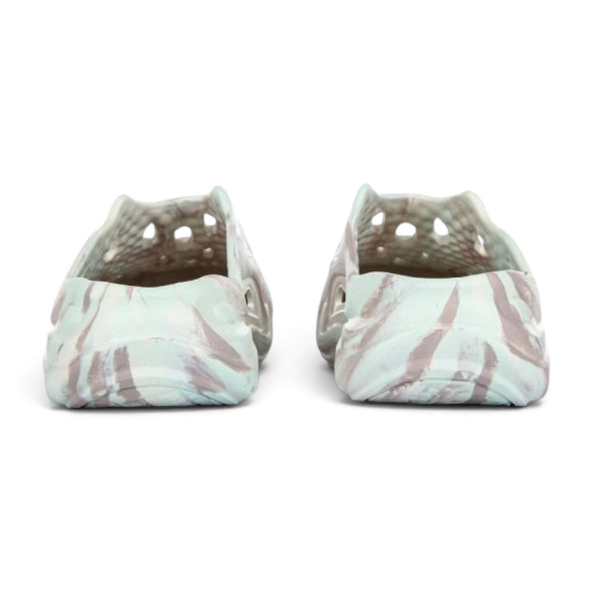 FRG Anta beige and light blue marbled EVA beach slippers with a perforated honeycomb design, rear view.