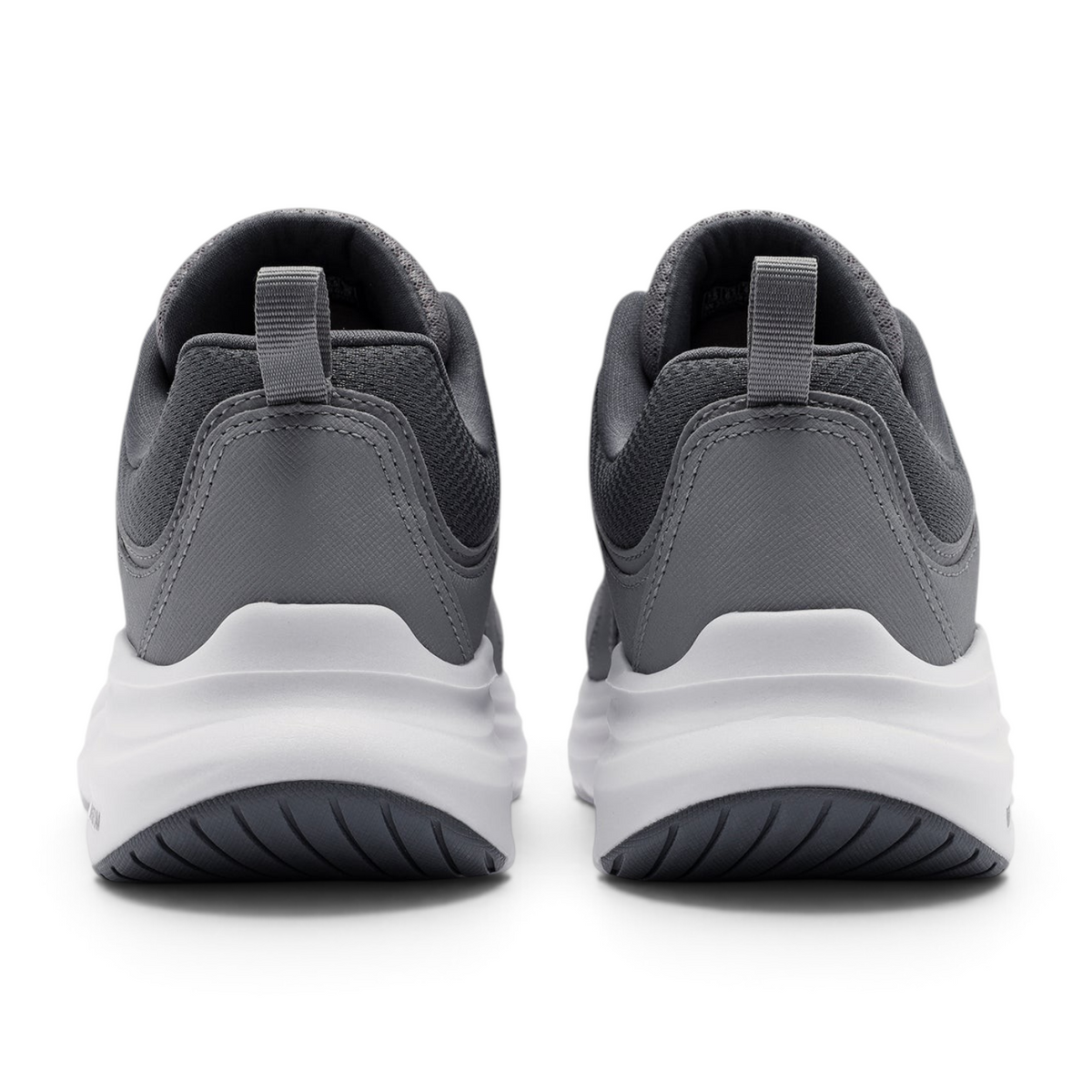 Back view of FRG Skechers Vapor Foam Newmatic grey athletic sneakers with white cushioned soles and pull tabs.