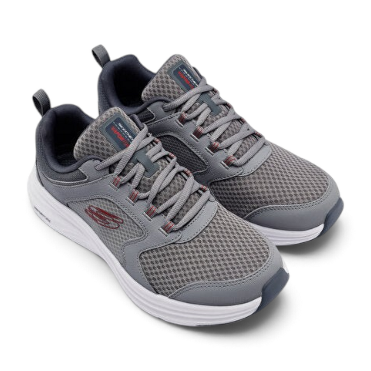 FRG Skechers Vapor Foam Newmatic grey mesh running shoes with white cushioned soles and red accents