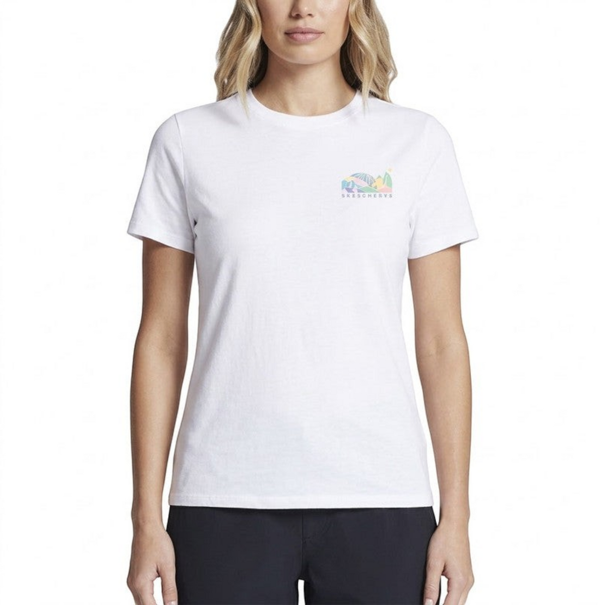 FRG snow white cotton crew neck t-shirt with a small colorful graphic on the chest worn by a woman