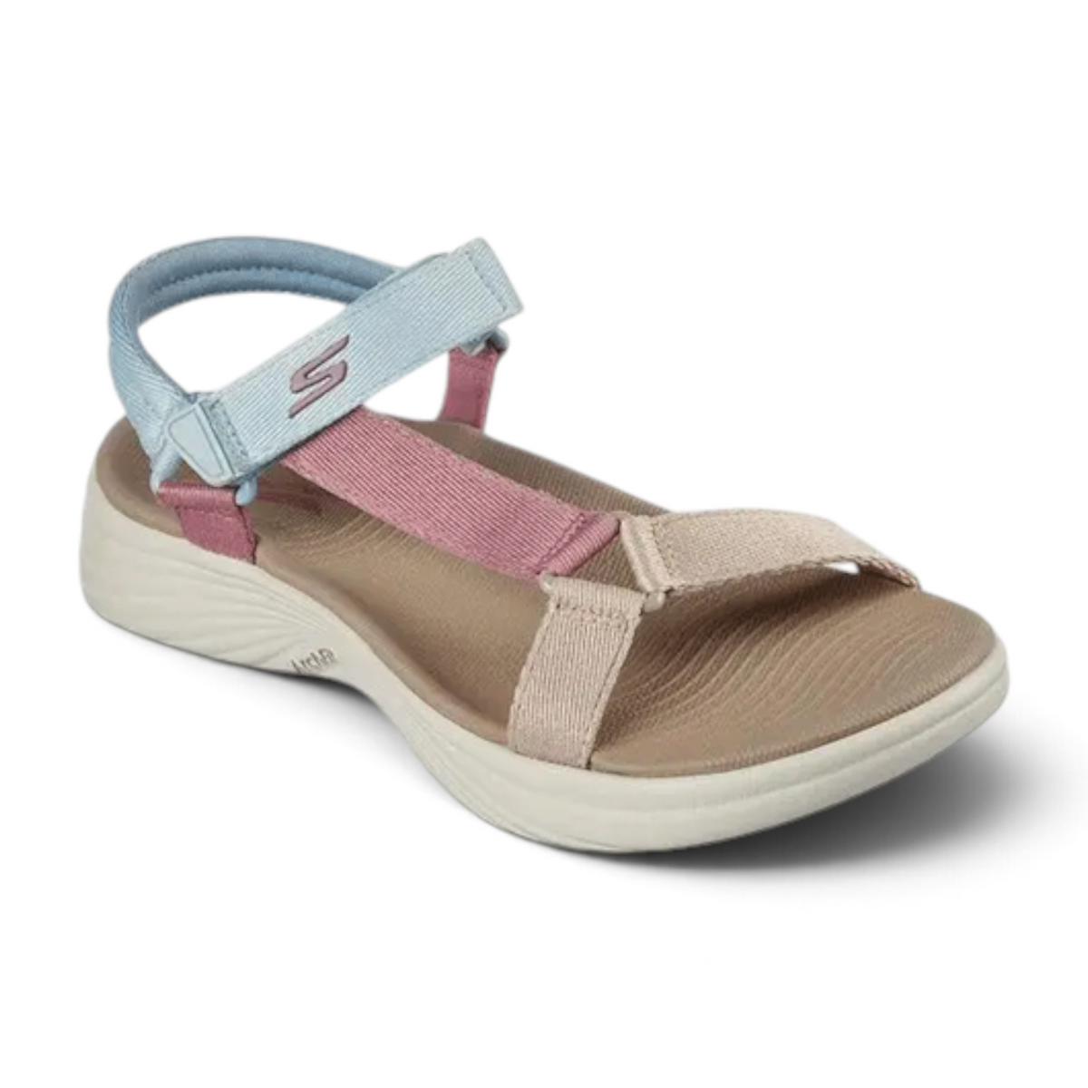 FRG Skechers Arch Fit Radiance sandals in natural, pink, and light blue with adjustable hook-and-loop straps