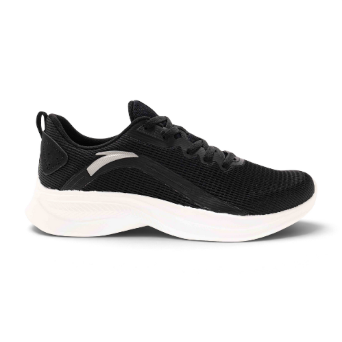 FRG running shoes in black mesh with a white cushioned sole and silver side accent