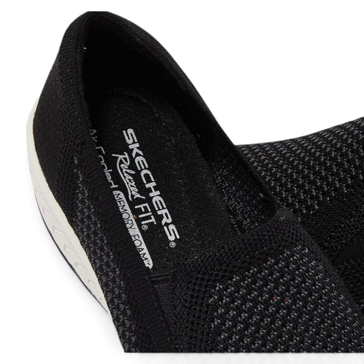FRG Skechers Up-Lifted slip-on shoe in black knit with white wedge sole and cushioned memory foam insole