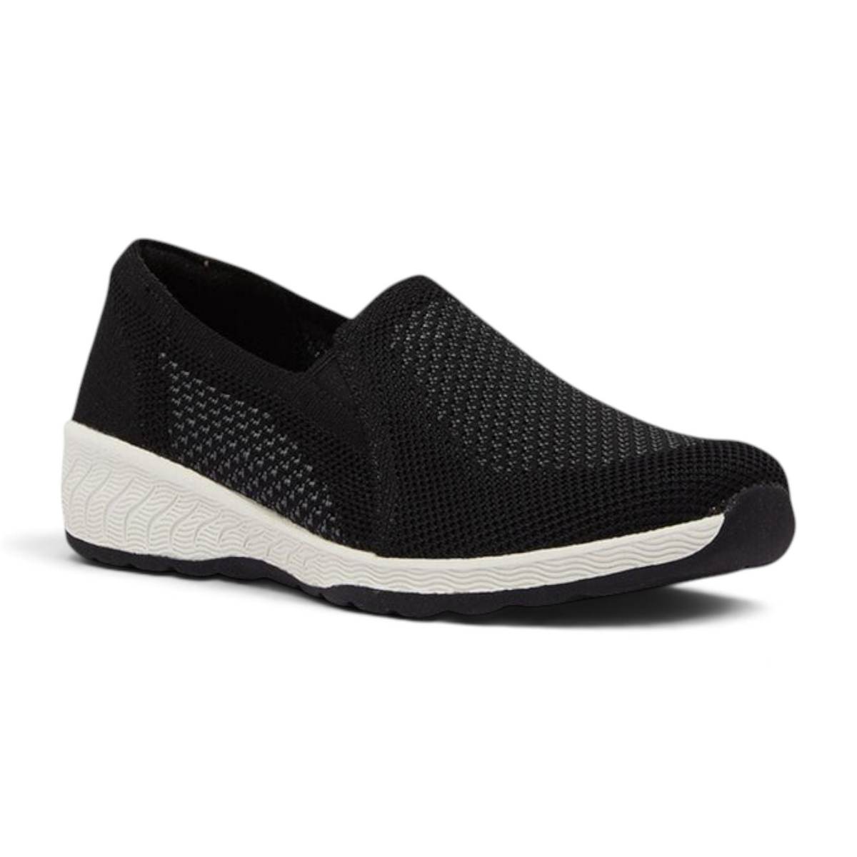 FRG Skechers Up-Lifted New Rules black knit slip-on shoe with a white low wedge heel and memory foam comfort