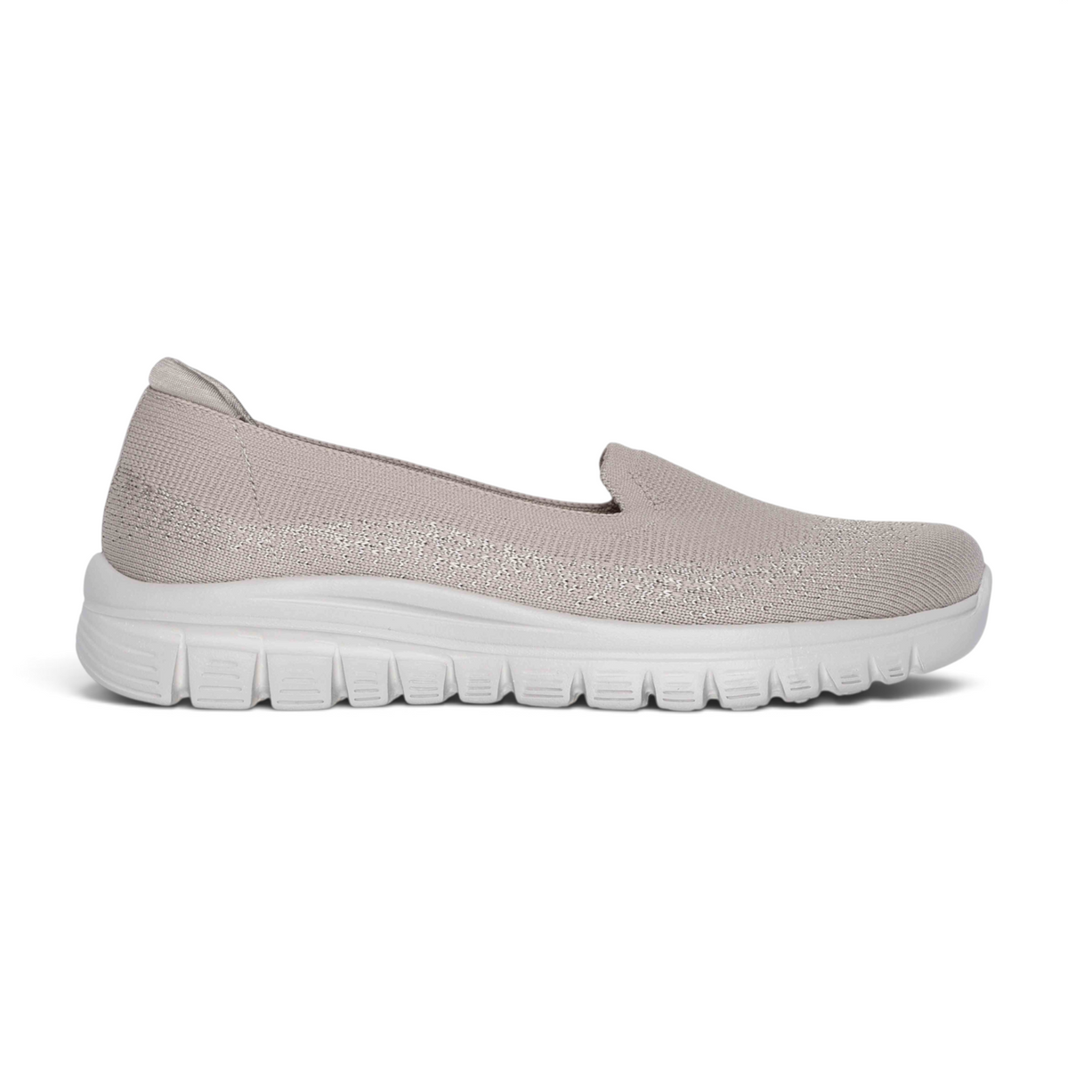 FRG Graceful View Finder slip-on sneaker in light grey knit fabric with a cushioned white athletic sole