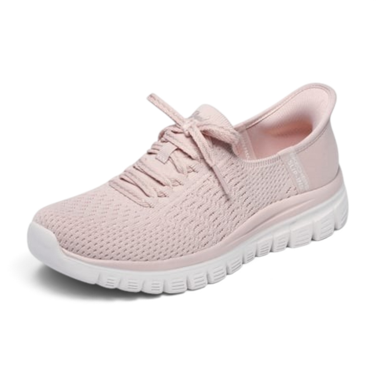 FRG Graceful First Blush light pink knit slip-on sneaker with white cushioned sole and decorative laces