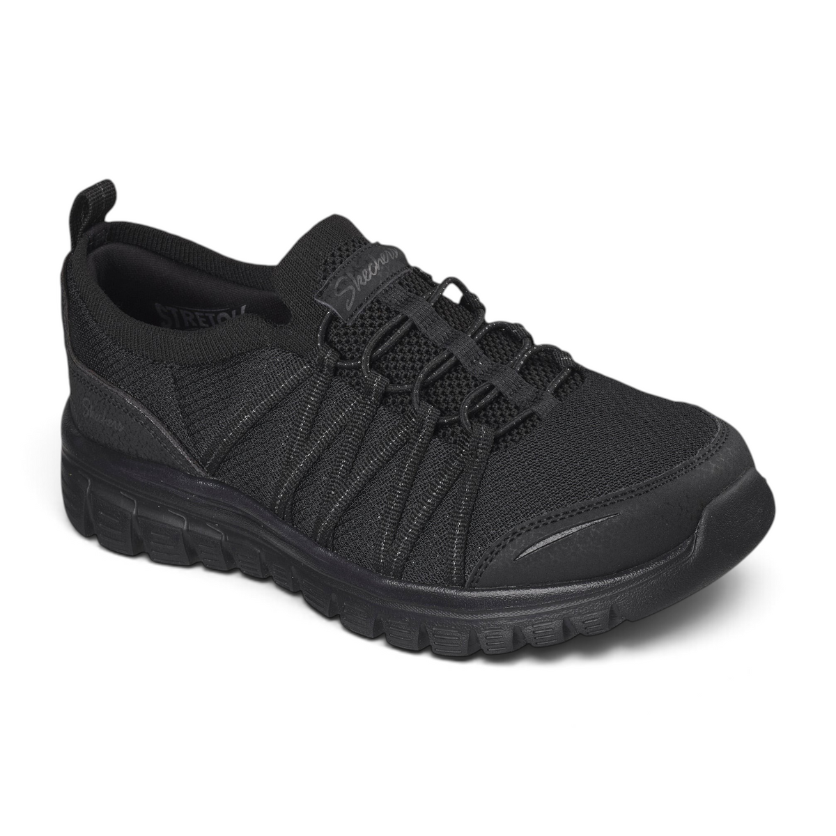 FRG Skechers Street Tres-Air Uno Vision-Airy slip-in sneakers in black mesh with elastic bungee laces.