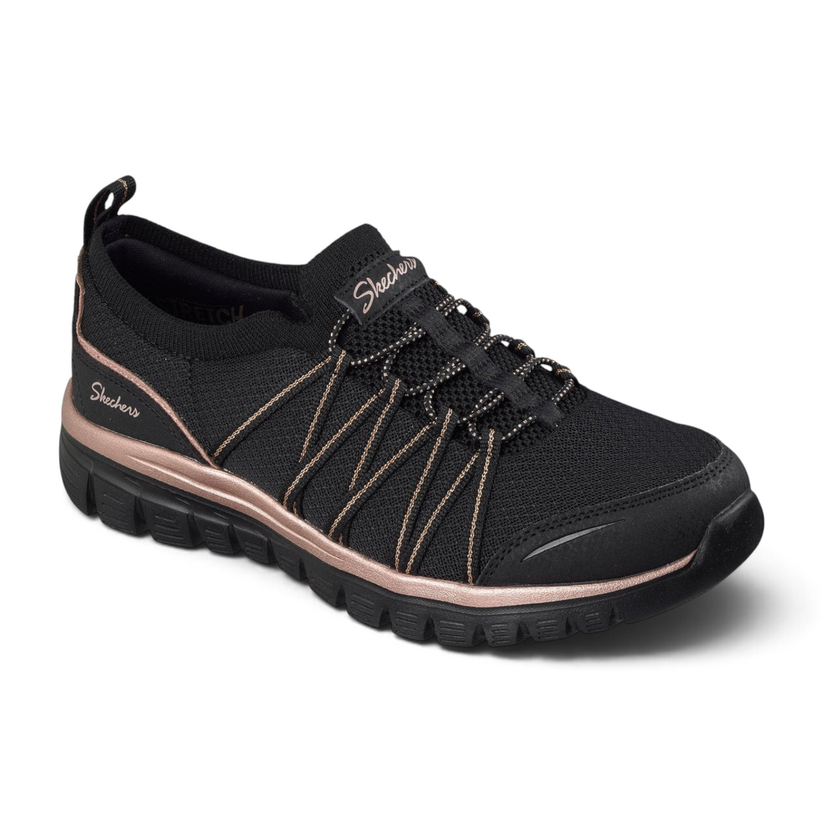 FRG Skechers Graceful Purecrush black and rose gold vegan sneaker with memory foam and stretch laces
