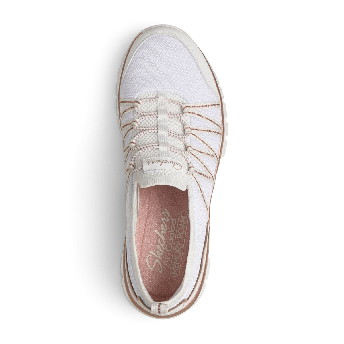 FRG Skechers Graceful Purecrush white vegan sneaker with rose gold metallic trim and memory foam cushioned insole
