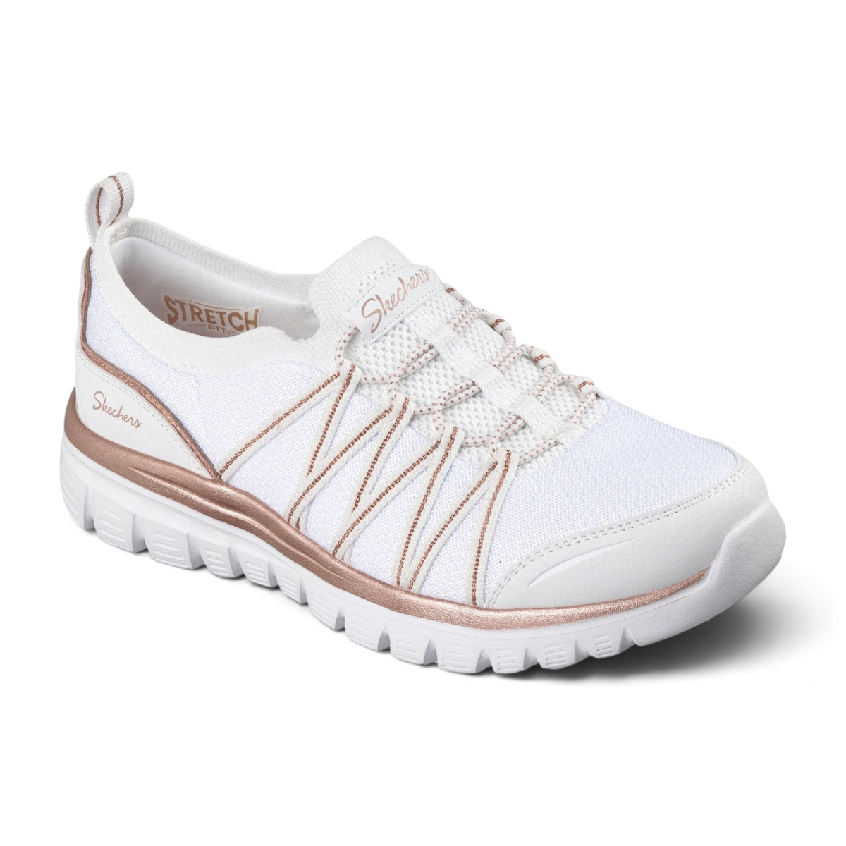 FRG Skechers Graceful Purecrush white vegan sneaker with rose gold metallic trim and memory foam cushioned sole.