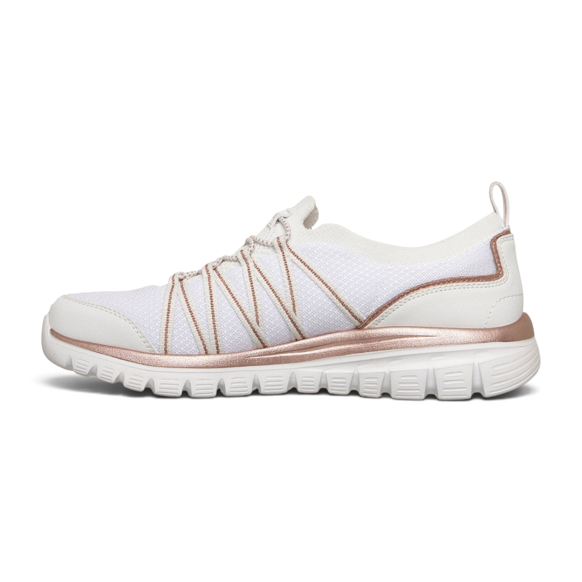 FRG Skechers Graceful Purecrush white vegan sneaker with rose gold metallic trim and cushioned memory foam sole