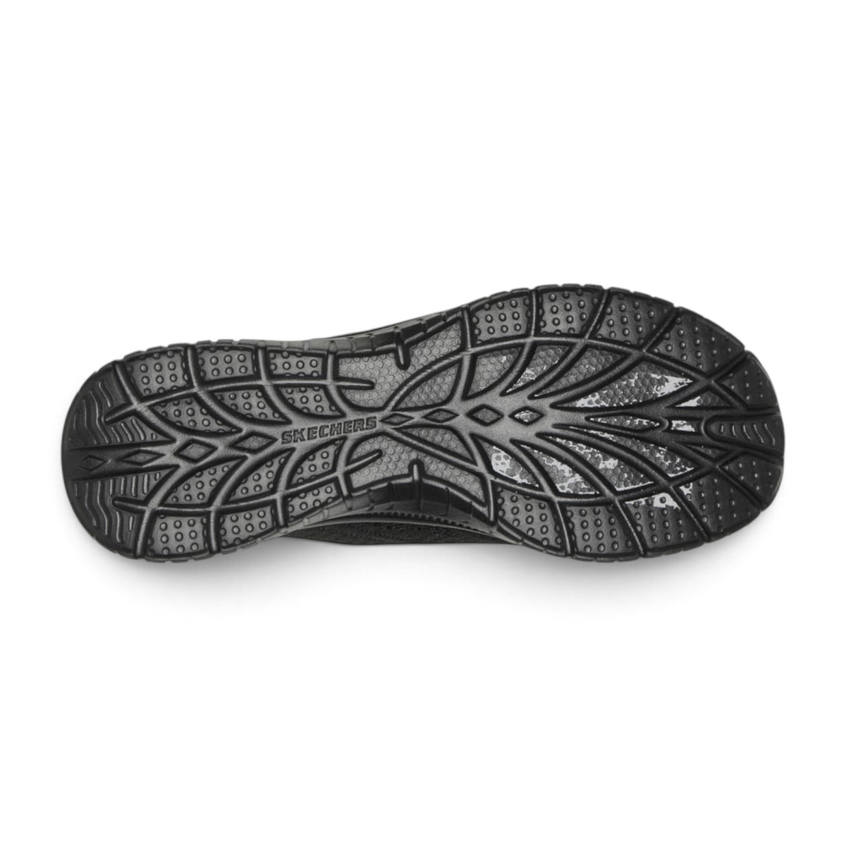 FRG Skechers Virtue Flawless black sneaker showing the detailed traction pattern on the durable rubber outsole