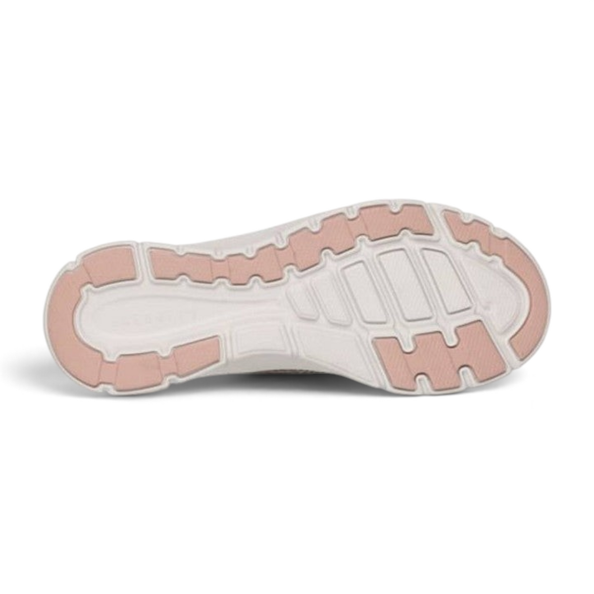 FRG Skechers Arch Fit Refine 2.0 taupe slip-on shoe showing the white and pink patterned rubber outsole