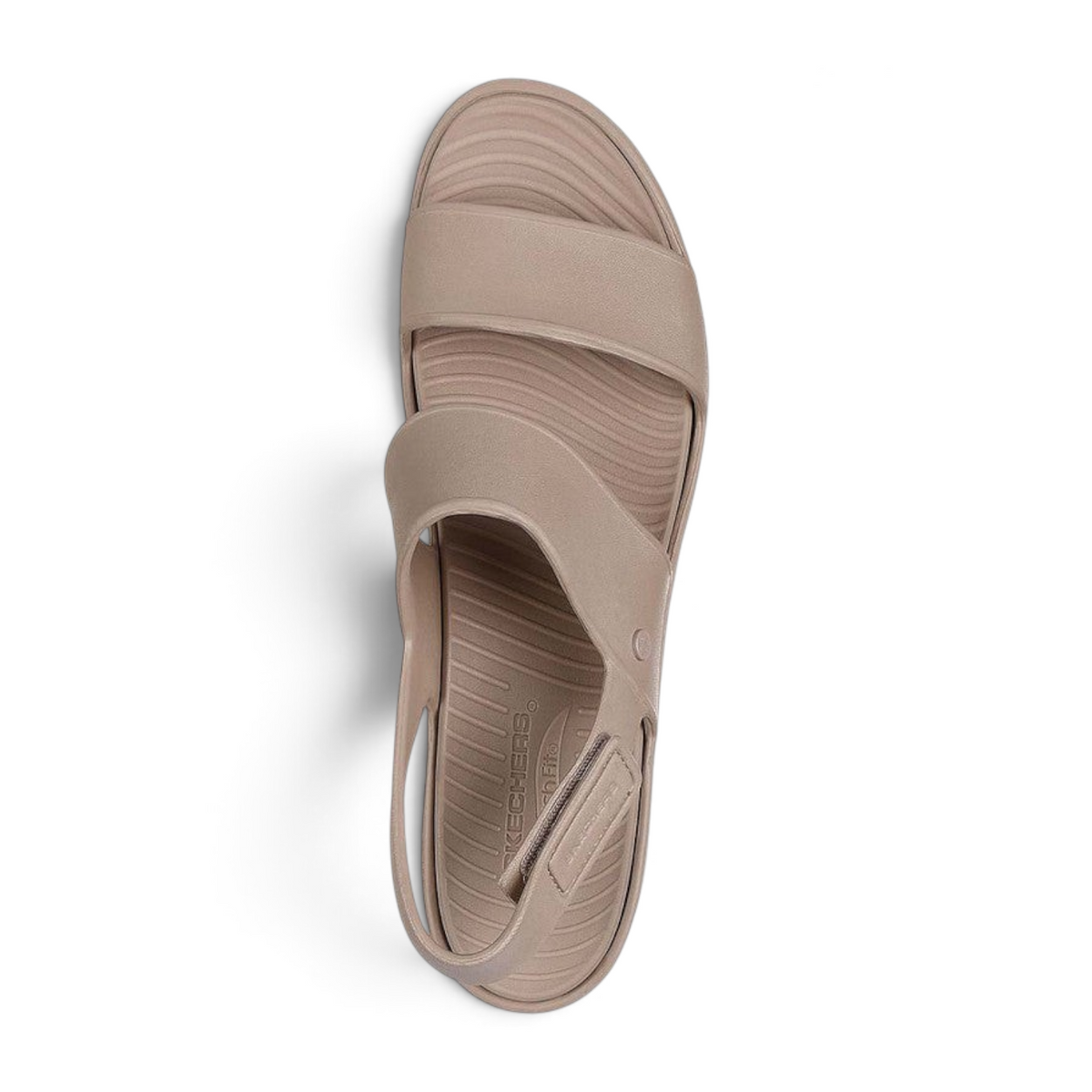 FRG Skechers Arch Fit Upbeat taupe platform sandal with double cross-band design and adjustable slingback strap