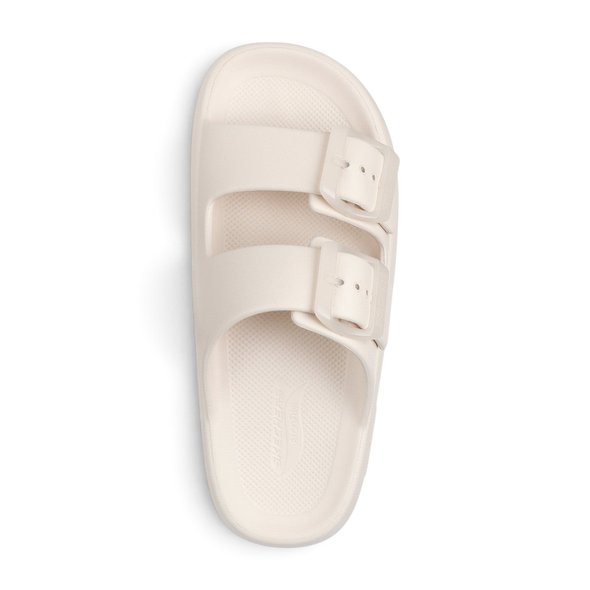 FRG Skechers Foamies Arch Fit dual-band slide sandal in natural foam with adjustable buckle straps