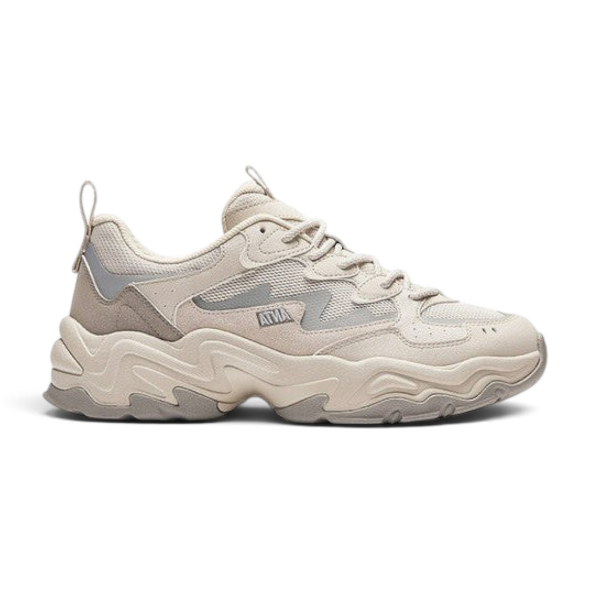 FRG ANTA Meteorolite chunky casual sneakers in light grey, smoke grey, and silver with mesh and suede detailing.
