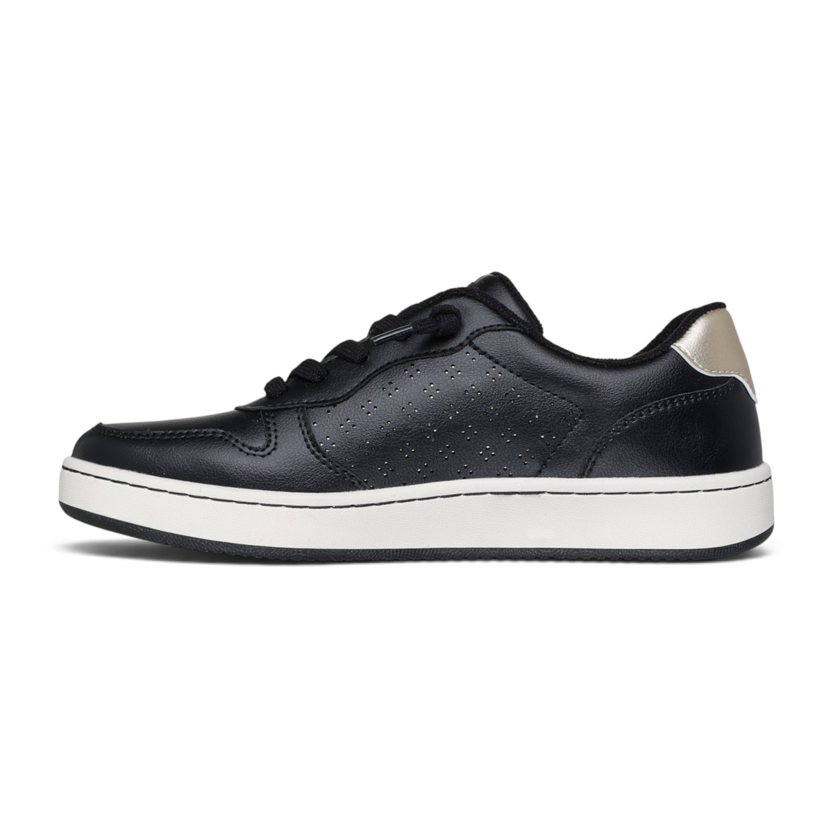 FRG BOBS from Skechers B Cute Court Luxe Kicks in black duraleather with metallic gold heel detail and white sole.