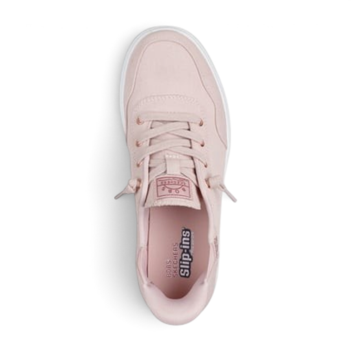 FRG BOBS Skip Cute slip-in sneaker in light pink canvas with faux lace detail and white rubber sole, top view