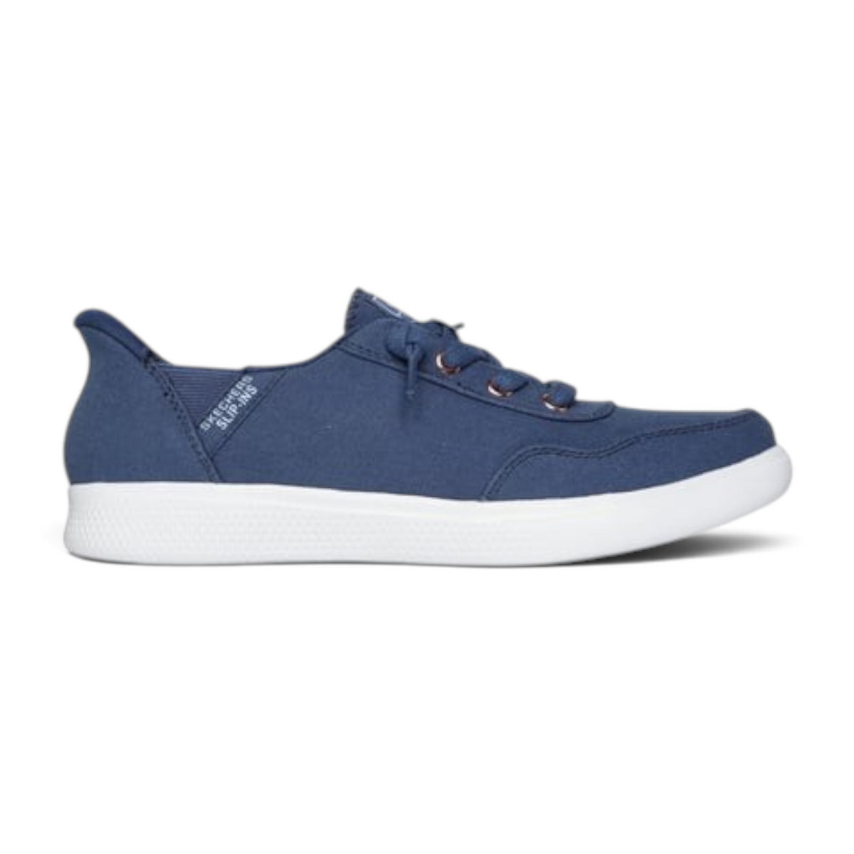 FRG BOBS Skip Cute navy blue canvas slip-in sneaker with faux laces and a white cushioned sole