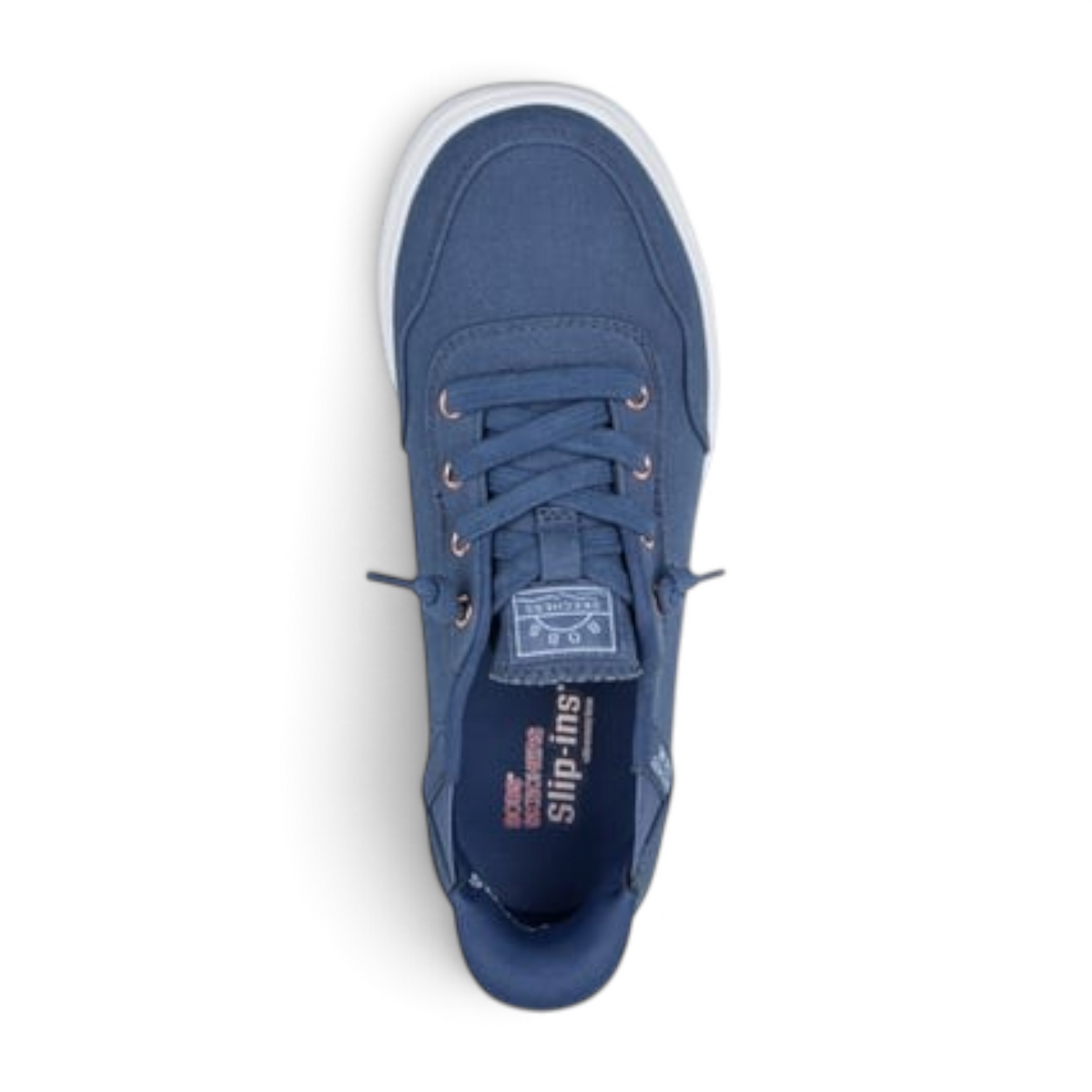 FRG BOBS Skip Cute blue canvas slip-in sneaker with faux lace detail and white rubber sole, top view