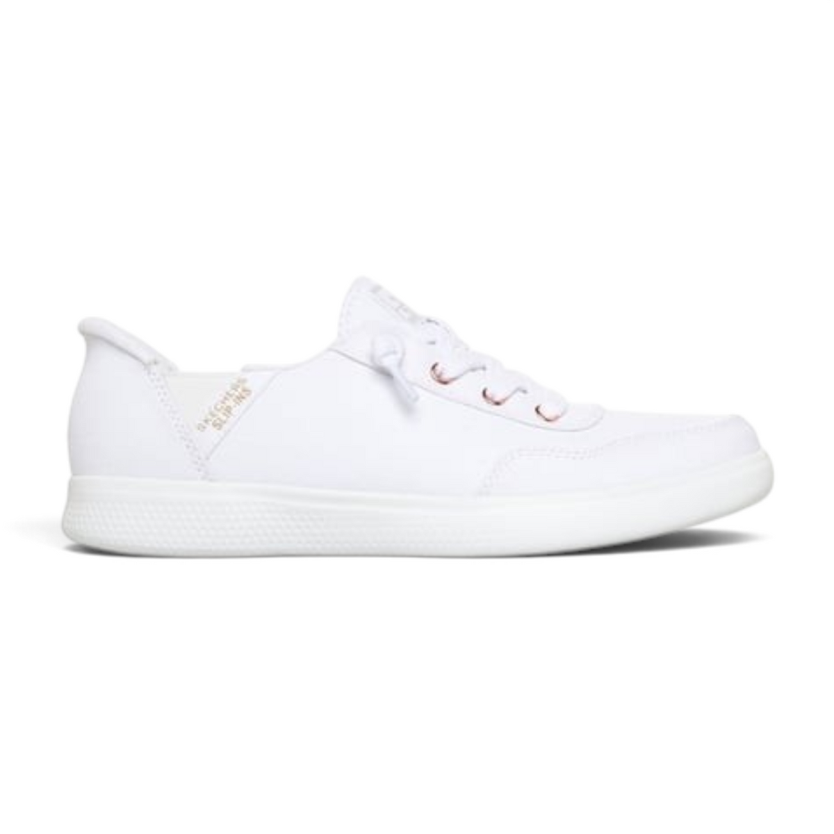 FRG BOBS Skip Cute white slip-on sneaker with rose gold eyelets and Skechers Slip-ins branding