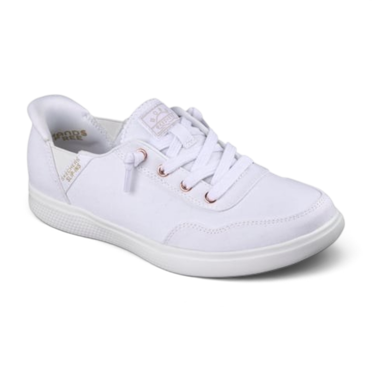 FRG BOBS Skip Cute Keep It Sweet white canvas slip-in sneakers with rose gold eyelets and cushioned sole