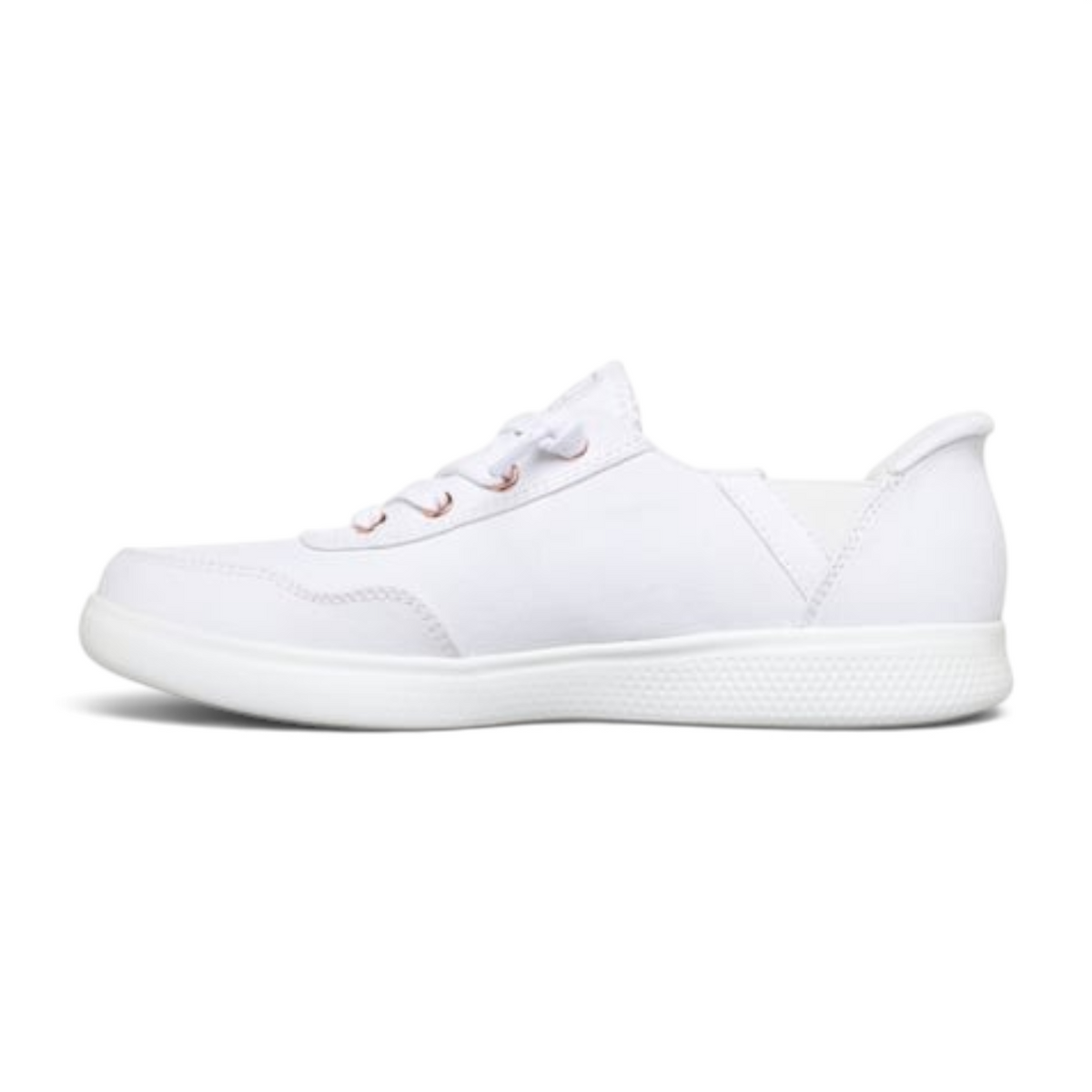 FRG BOBS Skip Cute white canvas slip-on sneakers with rose gold eyelets and a low-profile rubber sole