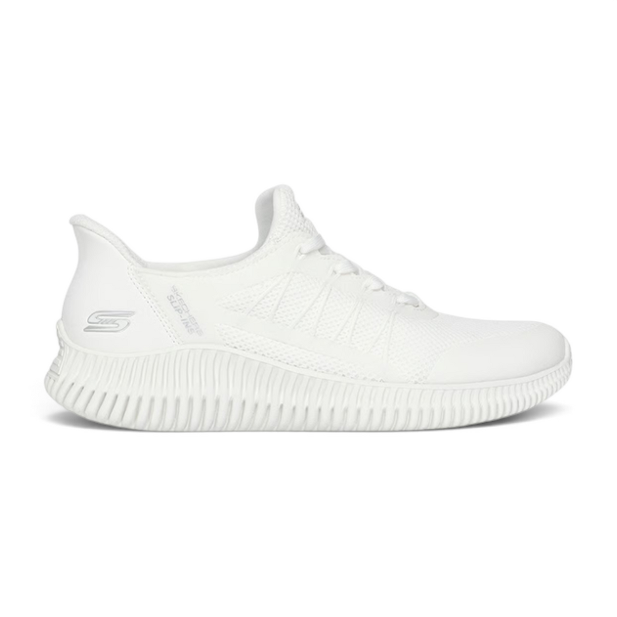 FRG Skechers BOBS Geo Lite Divine Pace white knit slip-in sneaker with cushioned sole and lace-up detail