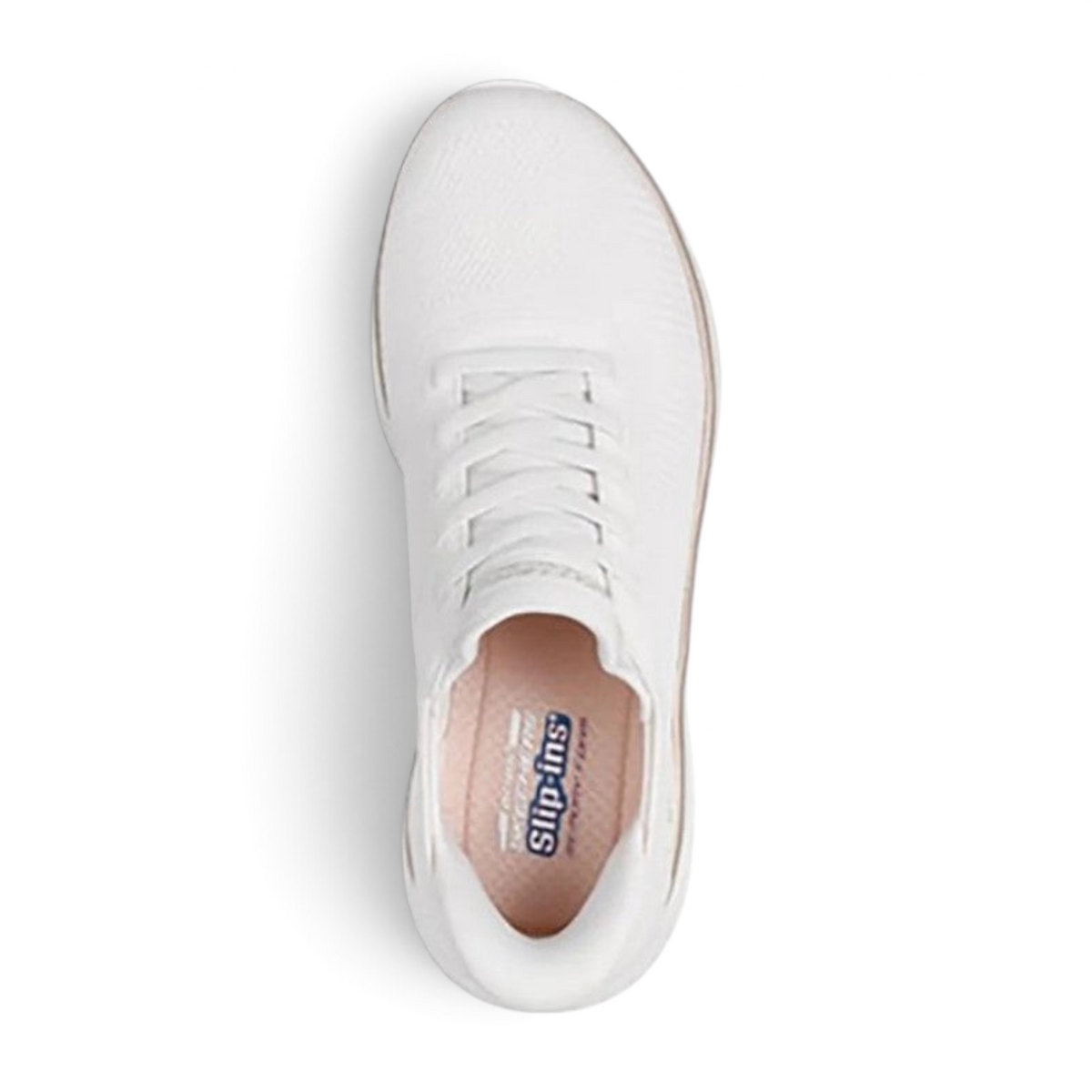 FRG Skechers BOBS Squad Chaos white engineered knit sneaker with gold accents and memory foam insole, top view.