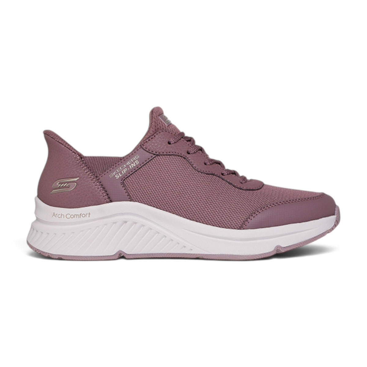 FRG Skechers BOBS Arch Comfort mauve slip-on sneaker with breathable mesh upper and cushioned white midsole
