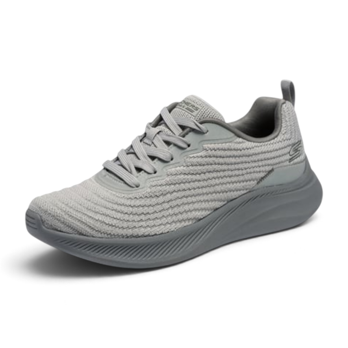 FRG BOBS MODA FLEX MELLOW DAWN grey knit athletic sneaker with a cushioned sole and lace-up closure