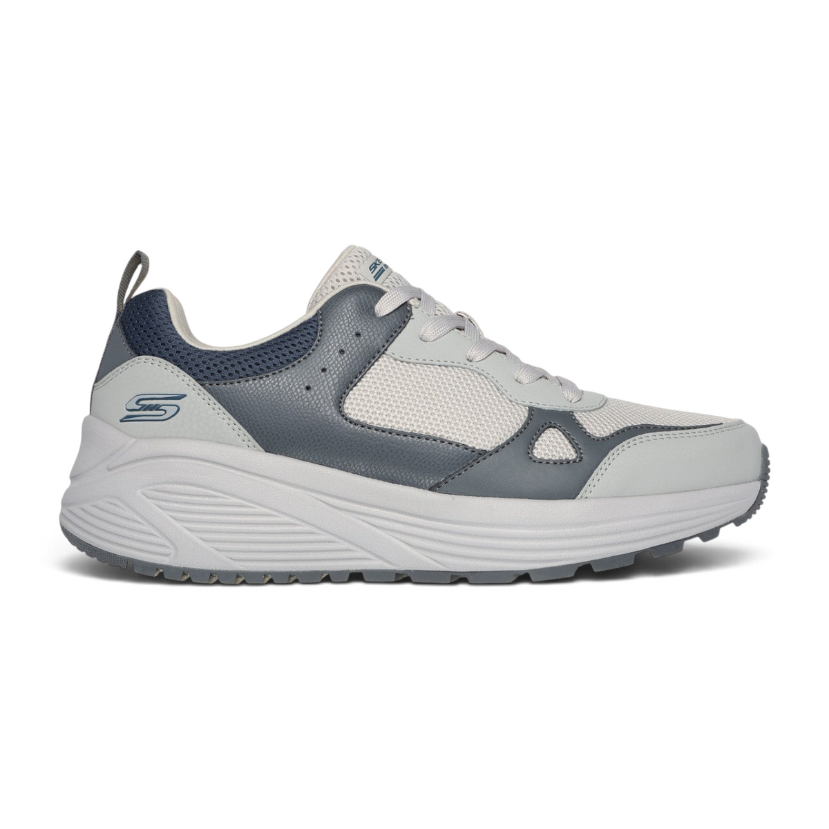FRG Skechers BOBS Sport Sparrow 2.0 gray and navy slip-on sneaker with mesh panels and thick cushioned sole