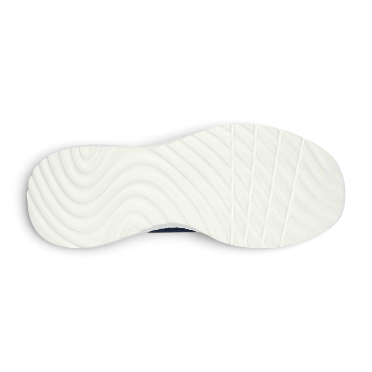 Bottom view of the white textured rubber outsole of a FRG BOBS SQUAD CHAOS sneaker with wavy grip patterns.