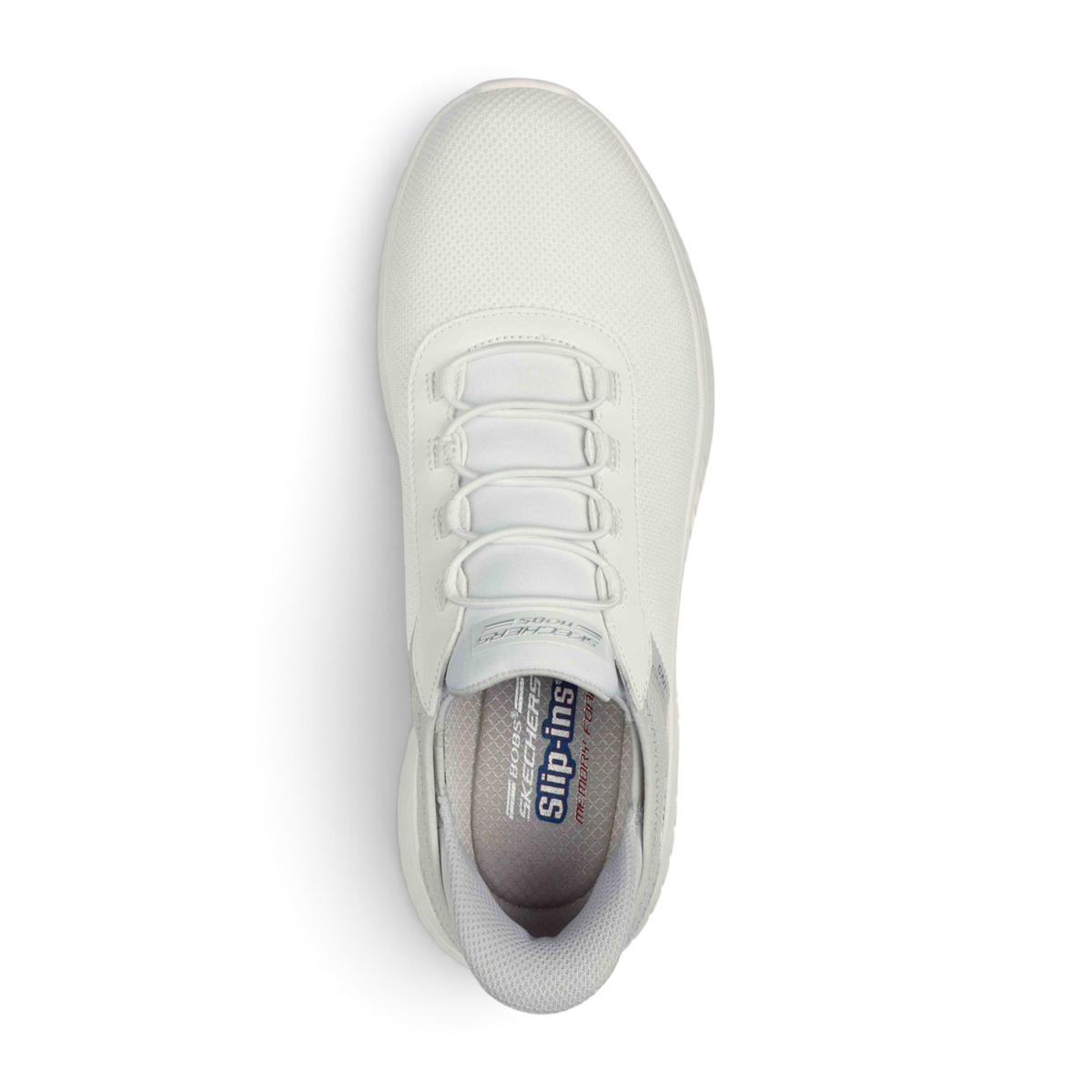 FRG BOBS SQUAD CHAOS white slip-in athletic sneaker with breathable mesh upper and cushioned memory foam insole