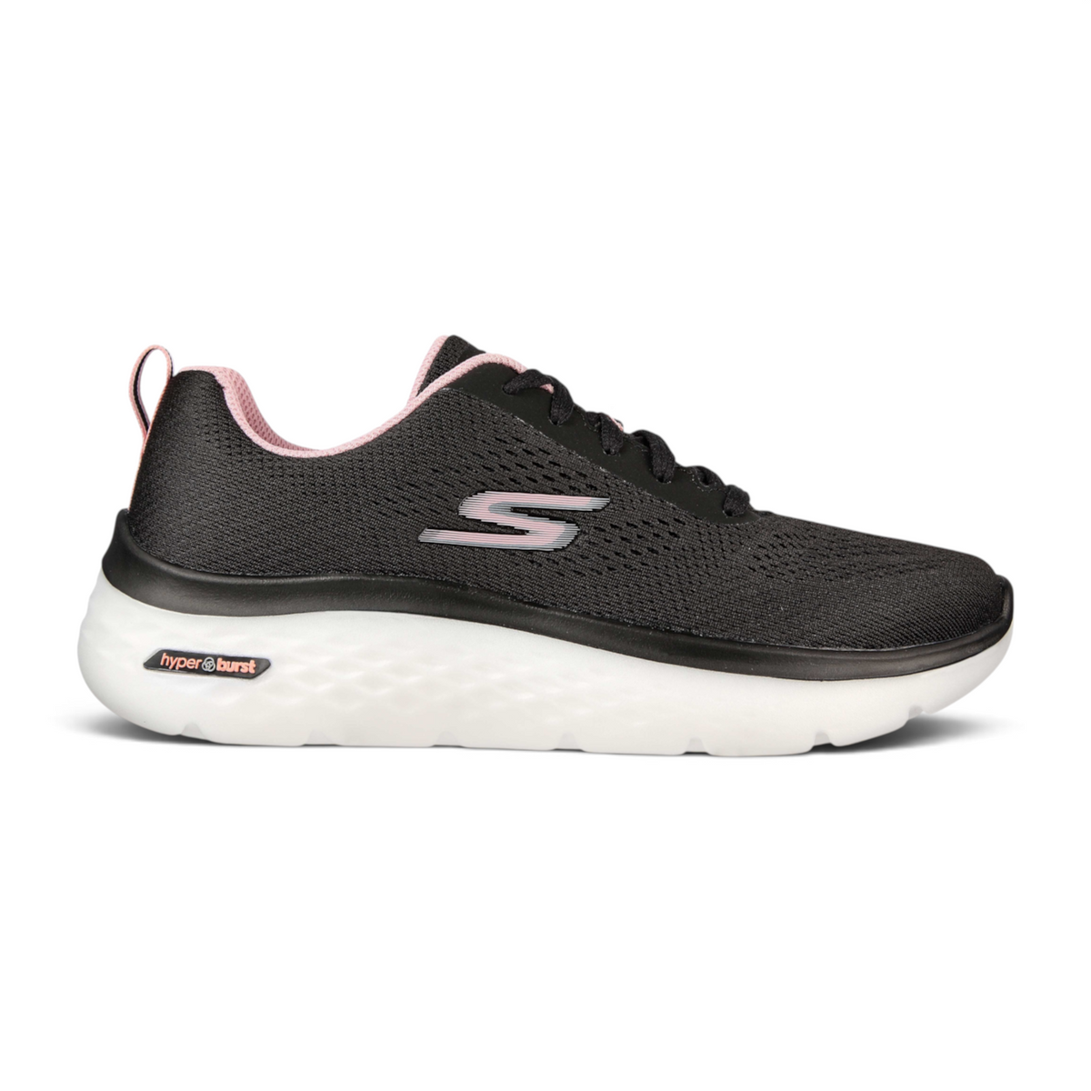 FRG GO WALK HYPER BURST-SPACE INSIGHT black walking shoe with pink accents and a thick white cushioned sole