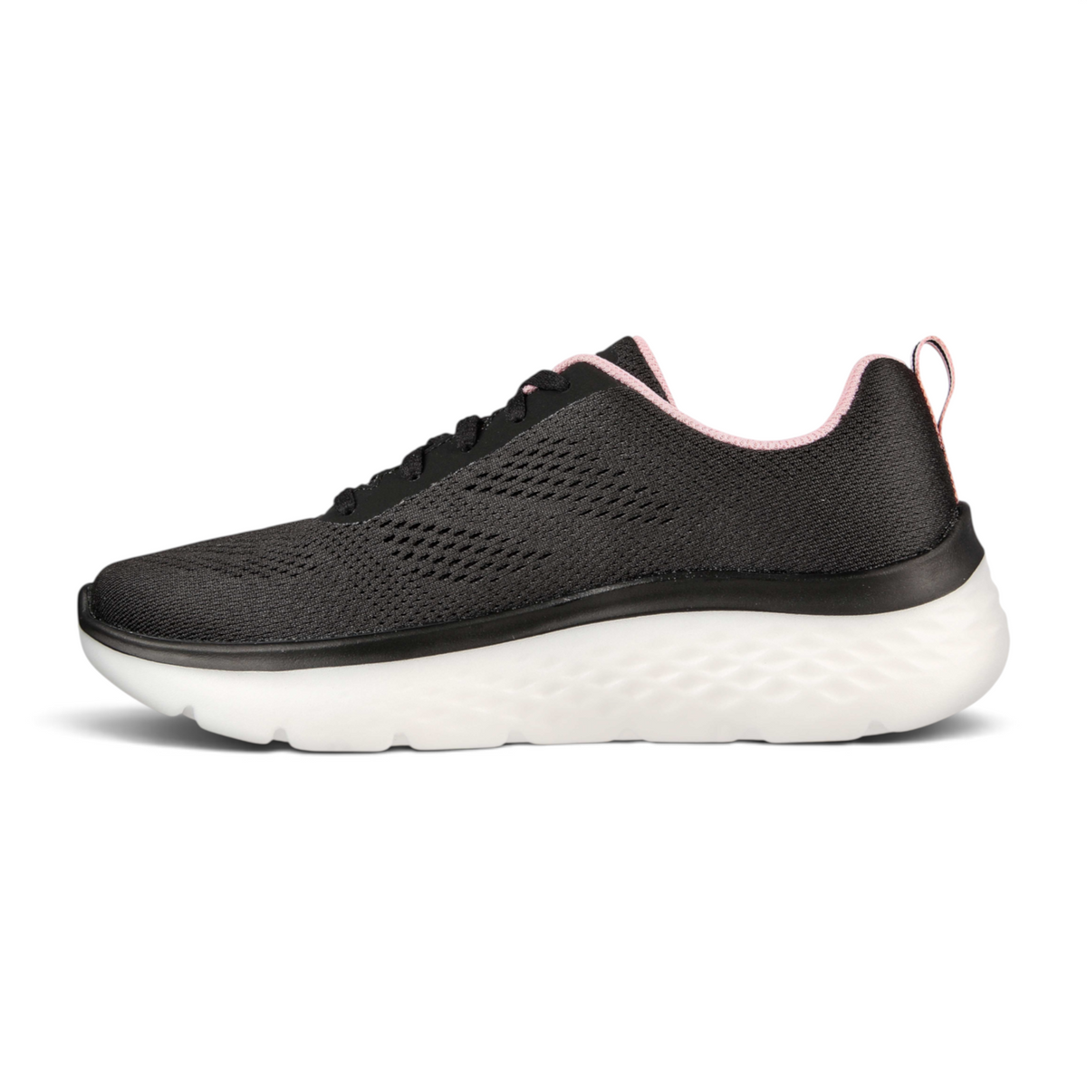 FRG GO WALK HYPER BURST-SPACE INSIGHT black walking sneaker with pink trim and thick white cushioned sole