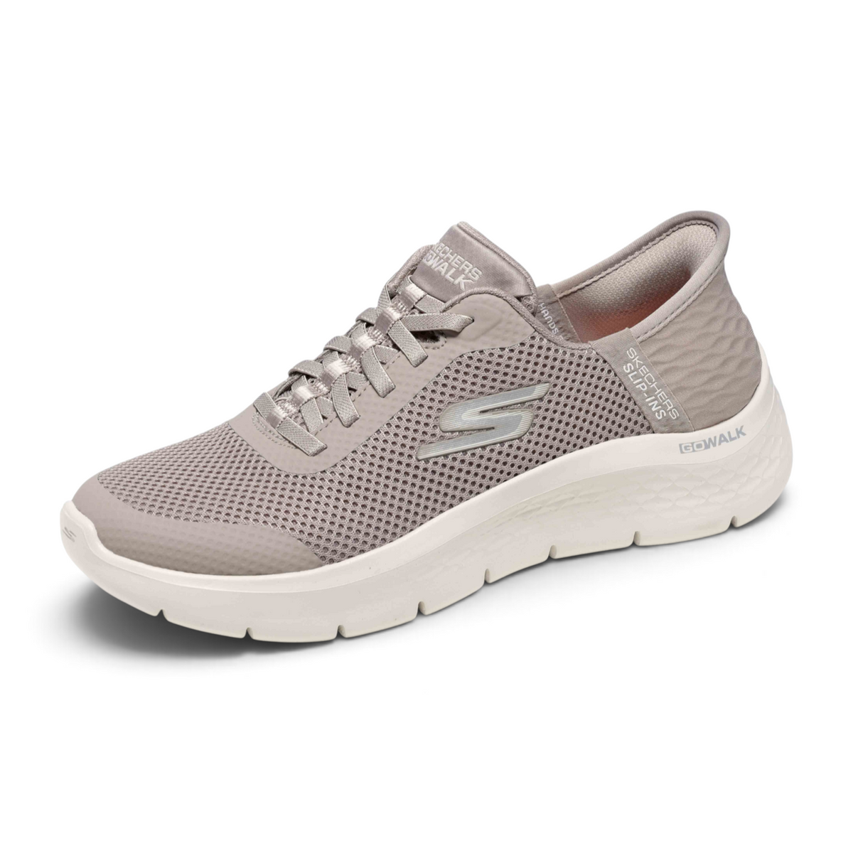 FRG Skechers GO WALK FLEX Grand Entry sneaker in taupe mesh with white cushioned sole and slip-in design