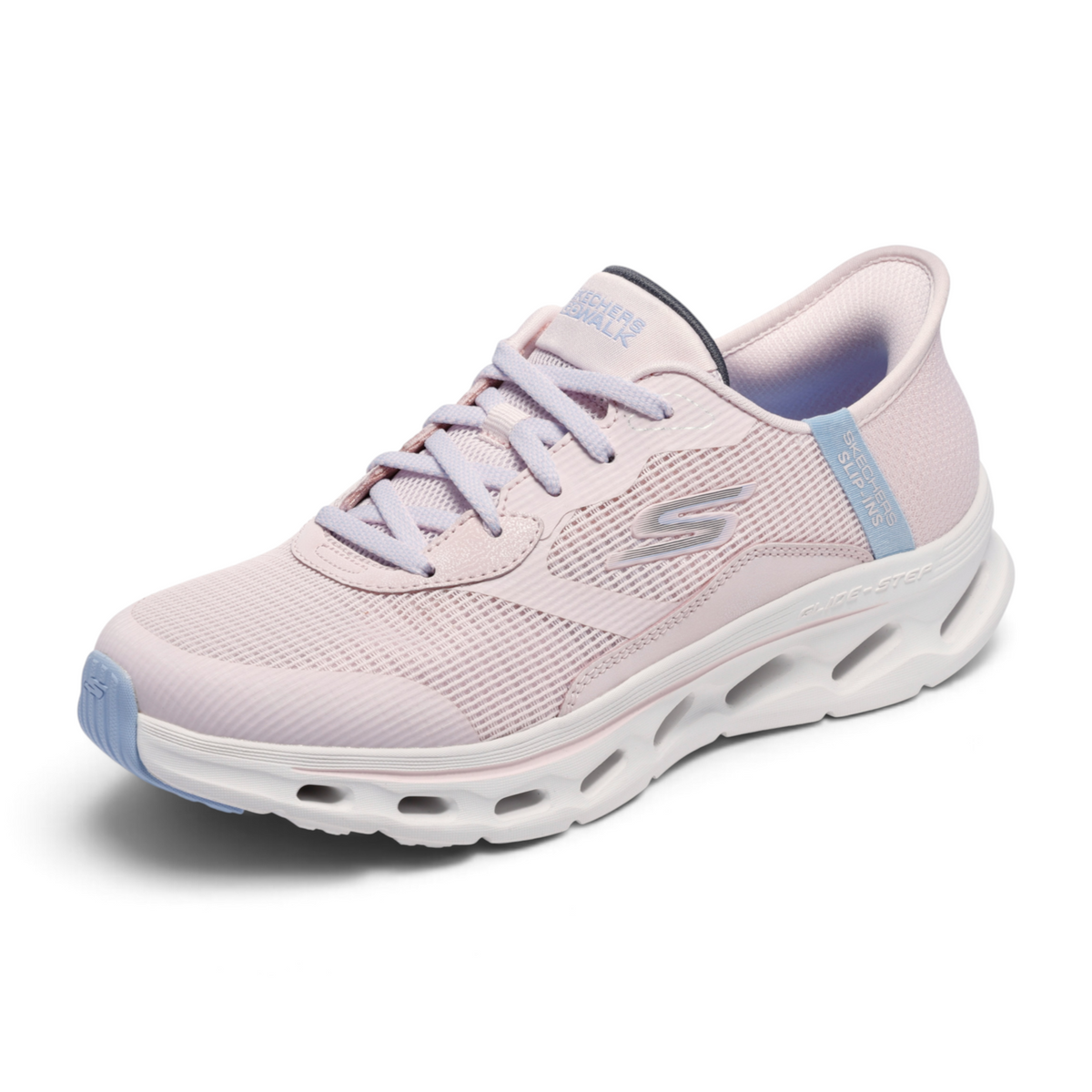 FRG Skechers GO WALK Glide-Step 2.0 Belah athletic slip-on sneaker in light pink mesh with white cushioned midsole.