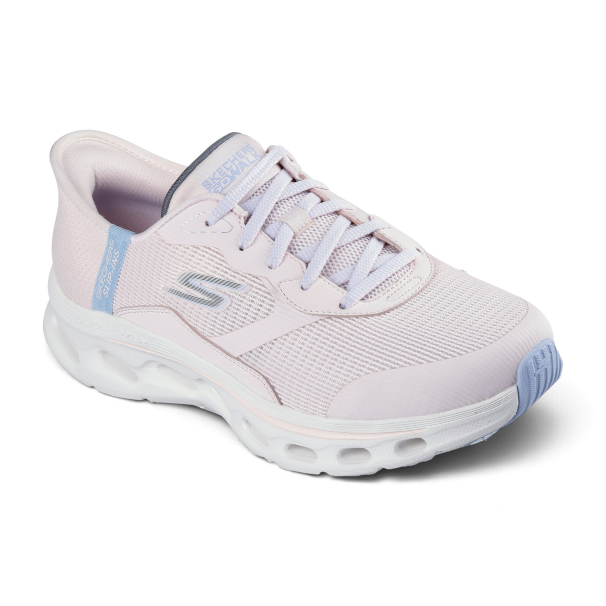 FRG Skechers GO WALK Glide-Step 2.0 Belah light pink athletic slip-on sneaker with mesh upper and white midsole