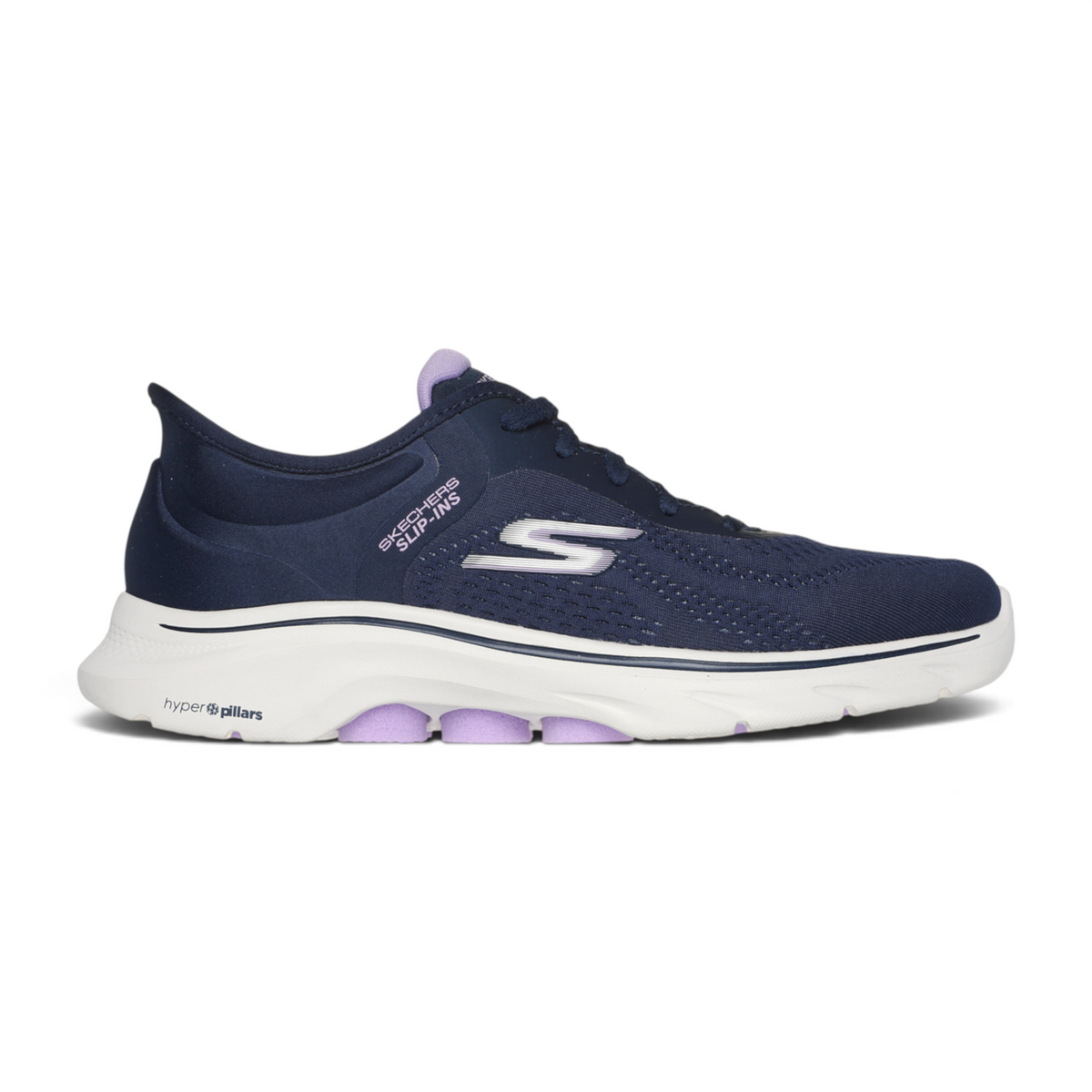 FRG Skechers Slip-ins Go Walk 7 Valin navy blue walking shoe with white midsole and lavender accents