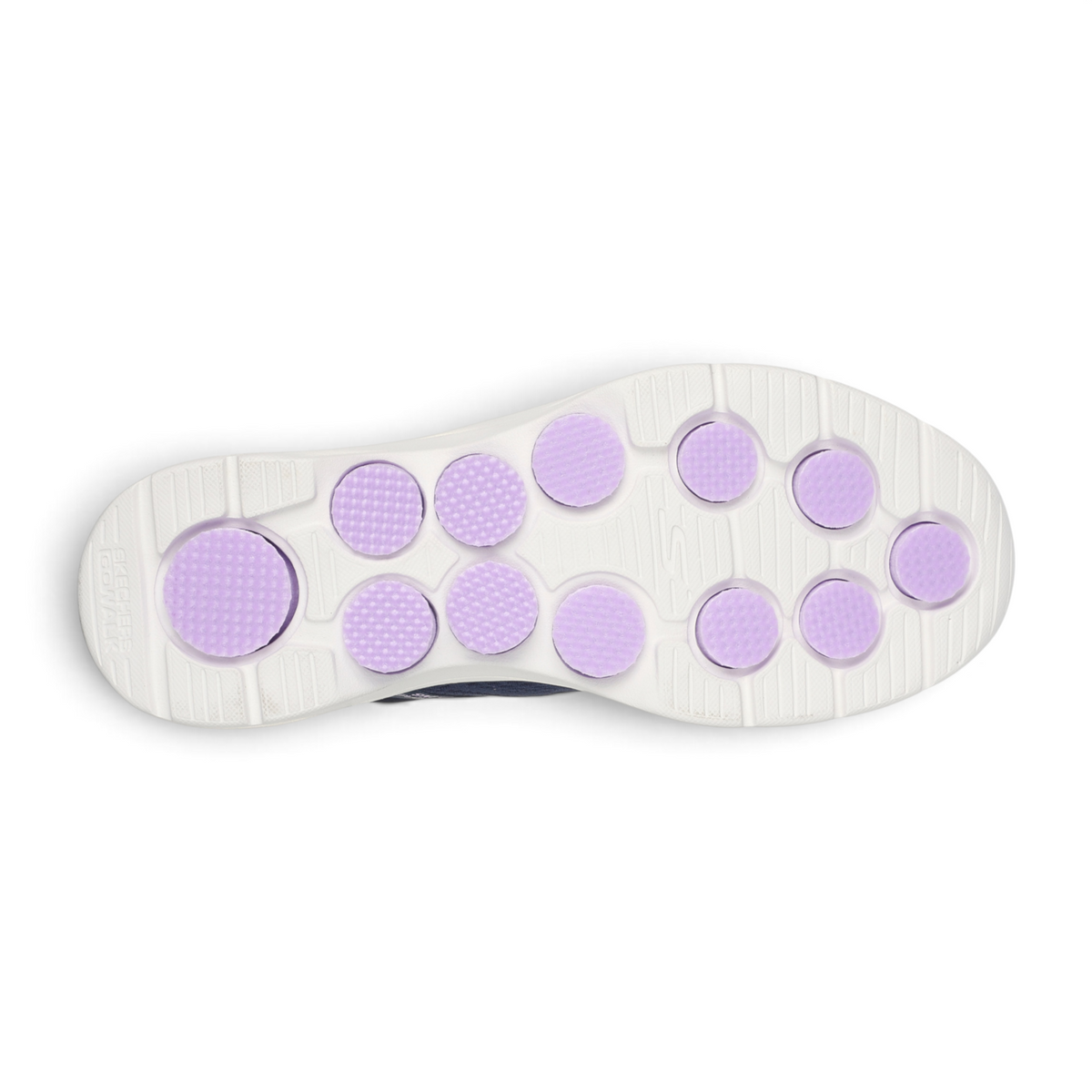 FRG SLIP-INS: GO WALK 7 - VALIN shoe outsole featuring white foam with purple circular traction pods