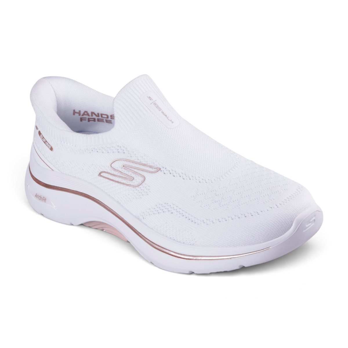 FRG Skechers GO WALK Arch Fit 2.0 Tatum white vegan slip-on sneaker with rose gold accents and cushioned sole