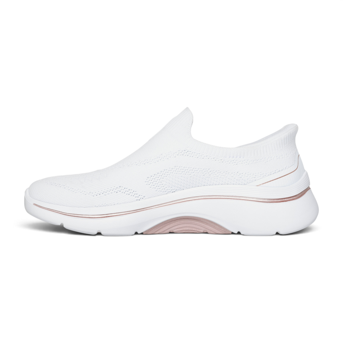 FRG Skechers GO WALK Arch Fit 2.0 Tatum white vegan slip-on sneaker with rose gold accents and cushioned sole