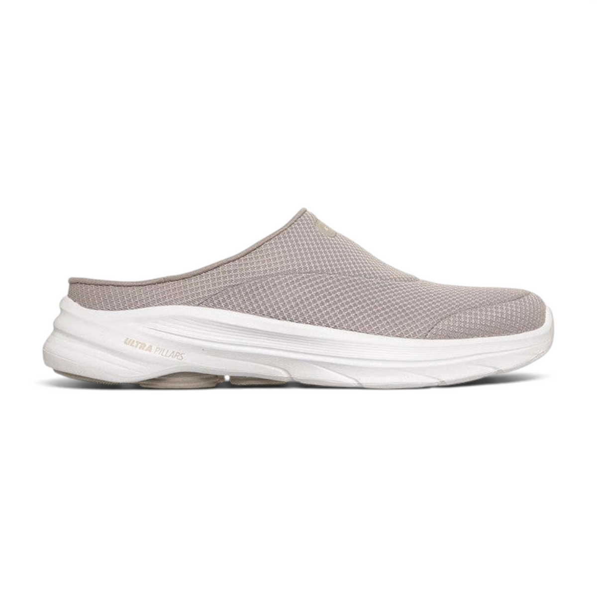 FRG Skechers GO WALK 8 Jackie taupe open-back slip-on sneaker with athletic mesh upper and white cushioned midsole