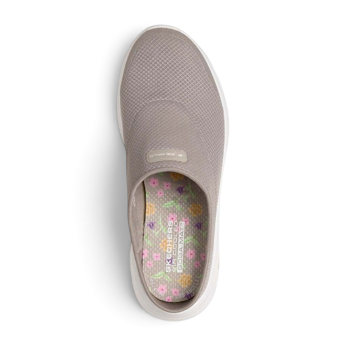 FRG Skechers GO WALK 8 Jackie taupe open-back slip-on shoe with athletic mesh upper and floral cushioned insole