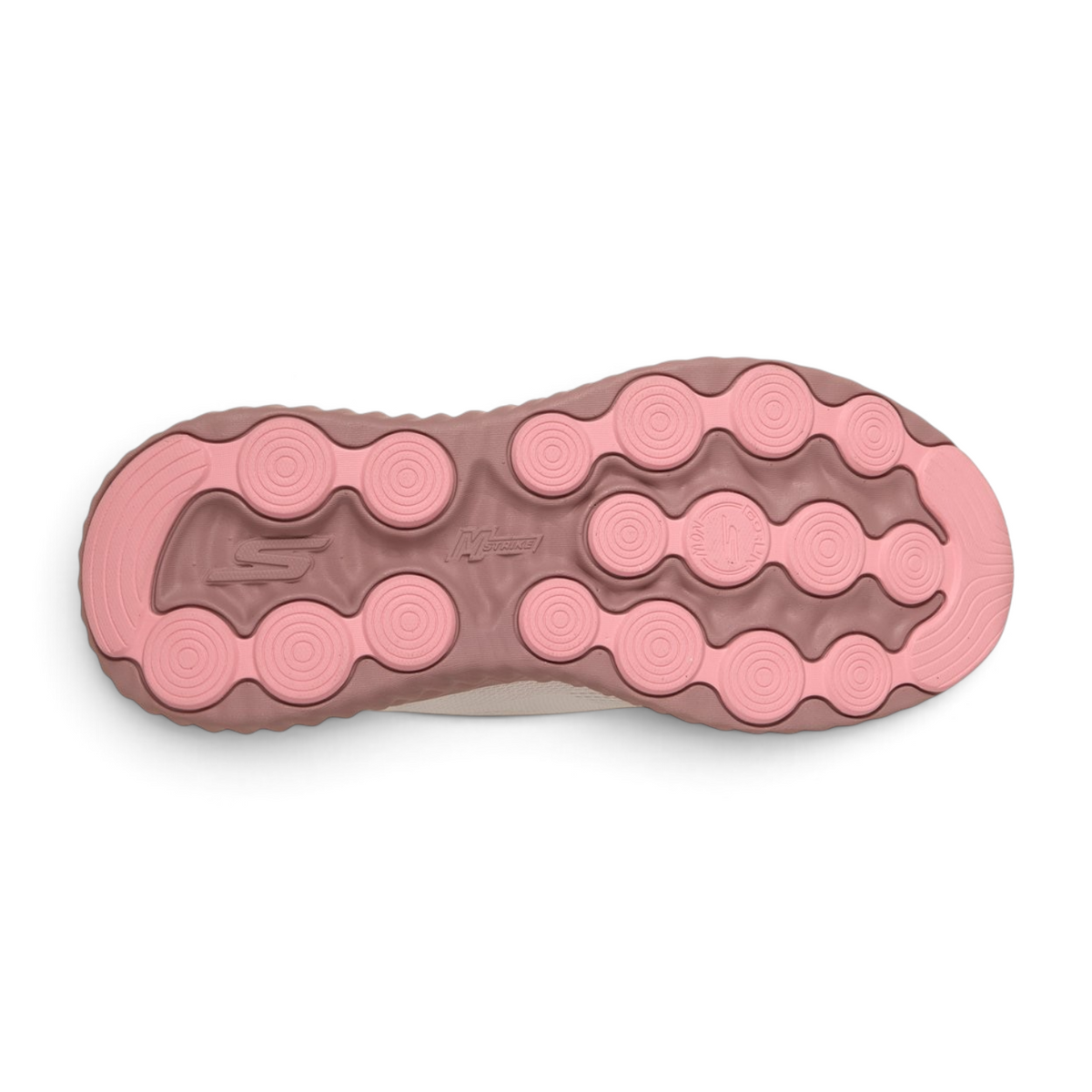 FRG GO RUN NOW Regent running shoe outsole in pink and mauve with circular traction pods and M-Strike technology