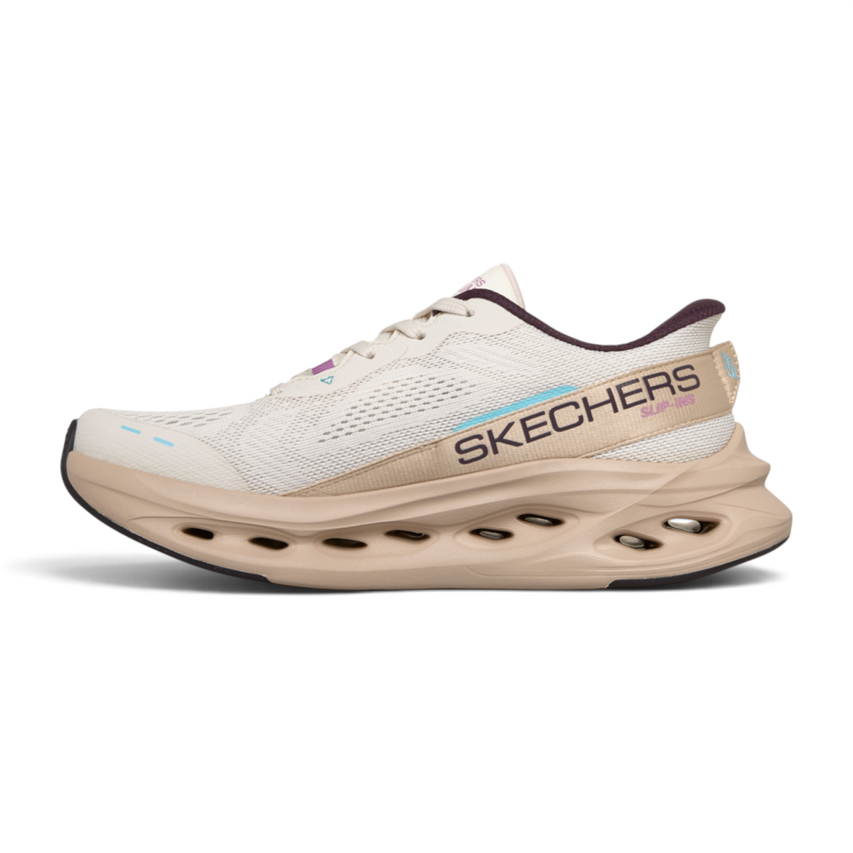 FRG Skechers Max Cushioning Glide-Step beige mesh slip-in sneaker with geometric midsole and Goodyear rubber outsole