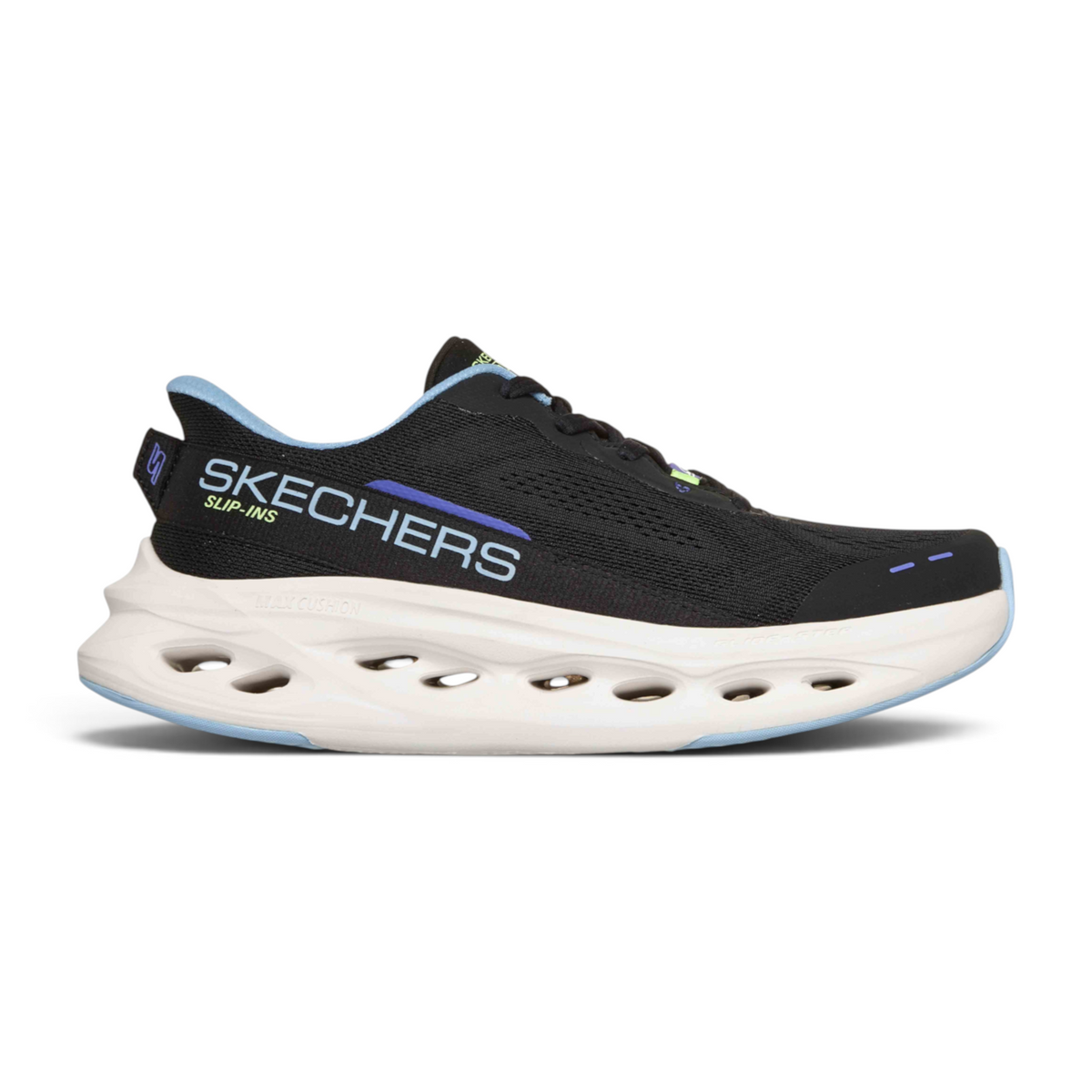 FRG Skechers Max Cushioning Glide-Step black slip-in running shoe with a thick white cushioned sole