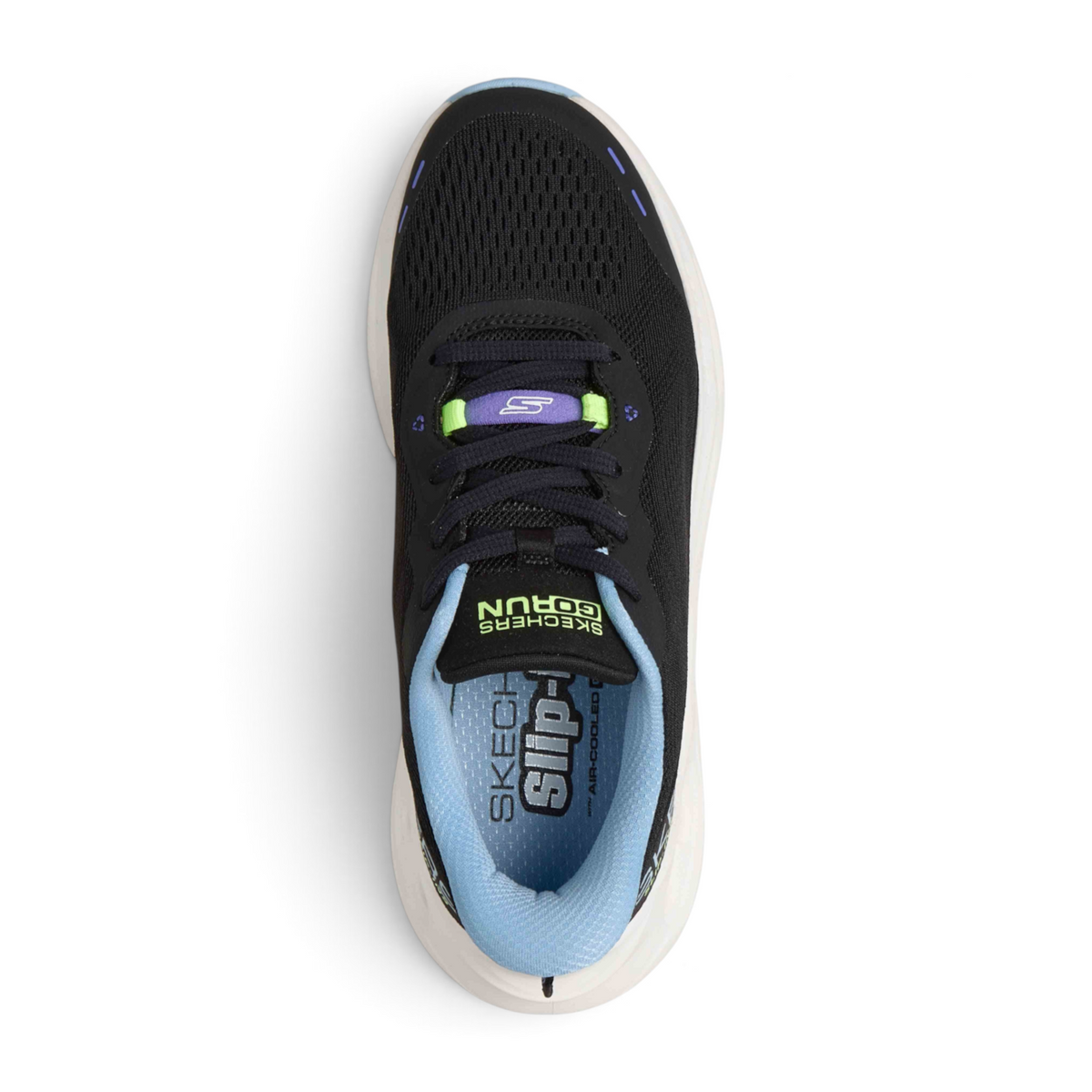 FRG Skechers Max Cushioning Glide-Step running shoe in black with light blue interior and lime green accents